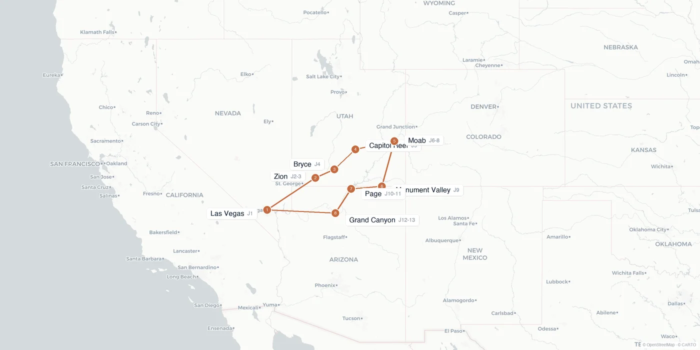 Carte de l'itinéraire 2 semaines dans l'Ouest américain : Las Vegas, Zion, Bryce, Capitol Reef, Moab, Monument Valley, Page, Grand Canyon