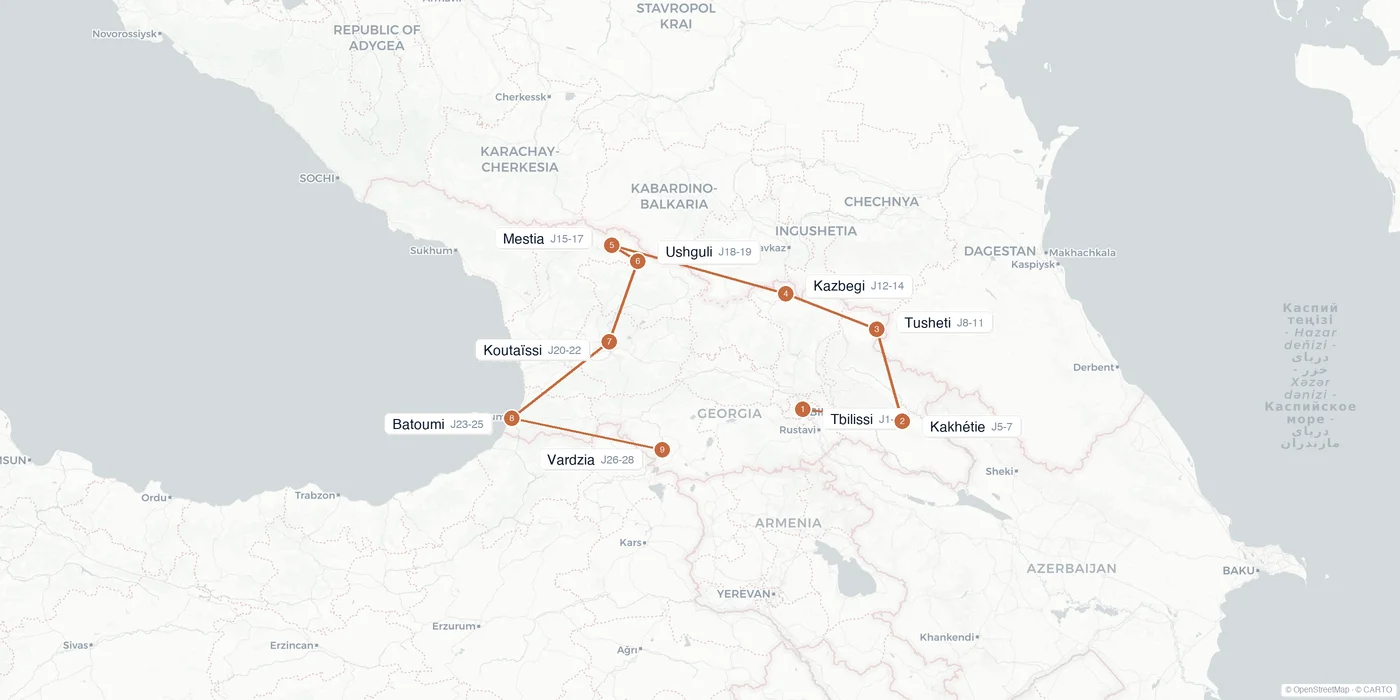 Carte de l'itinéraire 1 mois en Géorgie : Tbilissi, Tusheti, Kazbegi, Mestia, Ushguli, Koutaïssi, Batoumi, Vardzia, Kakhétie