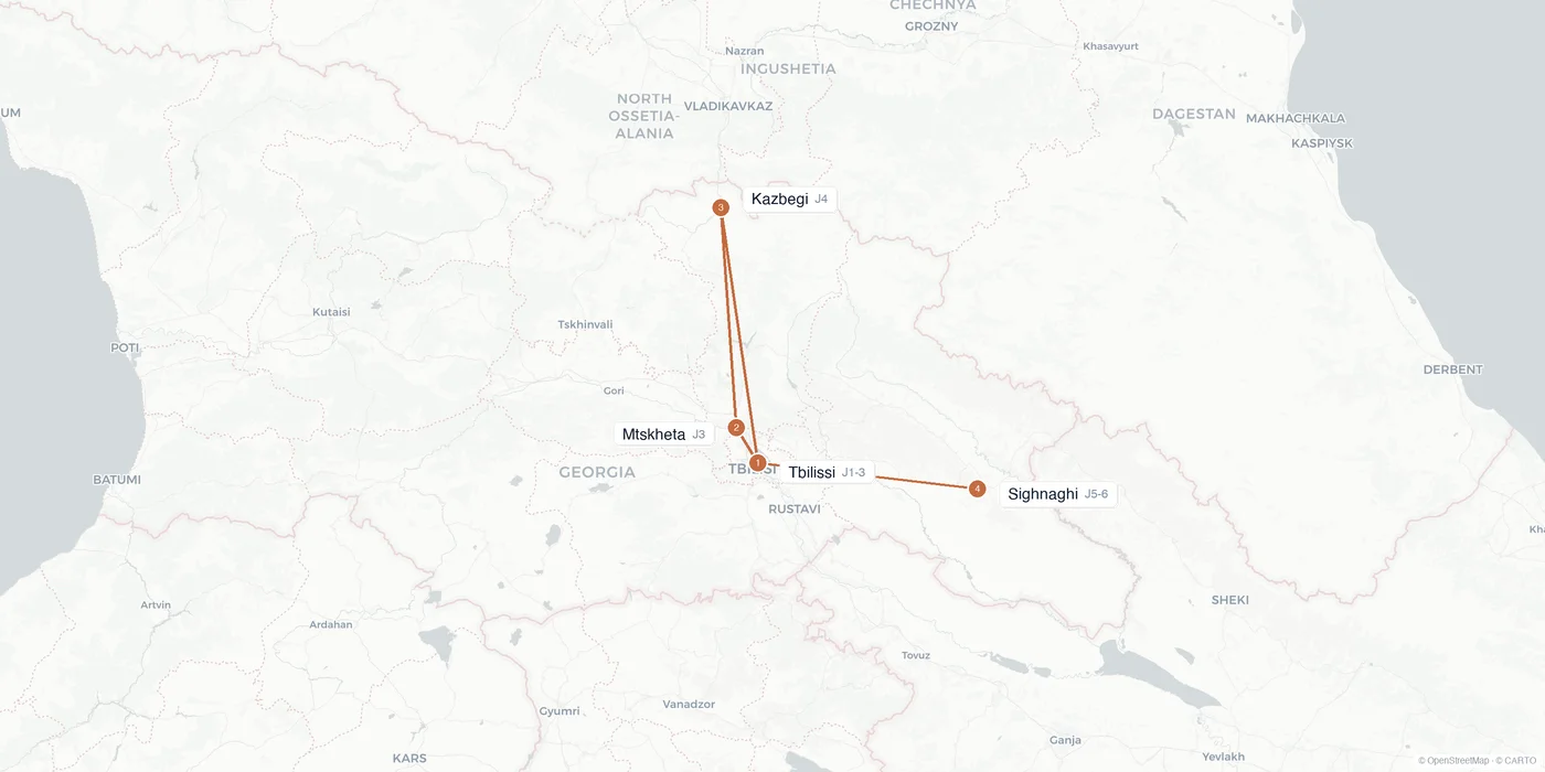 Carte de l'itinéraire 1 semaine en Géorgie : Tbilissi, Mtskheta, Kazbegi, Sighnaghi, Kakhétie