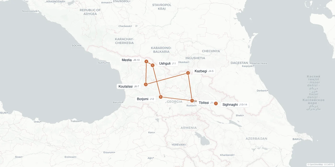 Carte de l'itinéraire 2 semaines en Géorgie : Tbilissi, Kazbegi, Koutaïssi, Mestia, Ushguli, Borjomi, Sighnaghi