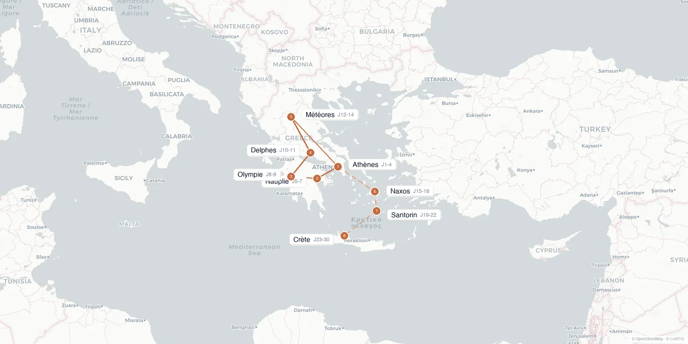 Carte de l'itinéraire 1 mois en Grèce : Athènes, Nauplie, Olympie, Delphes, Météores, Naxos, Santorin, Crète