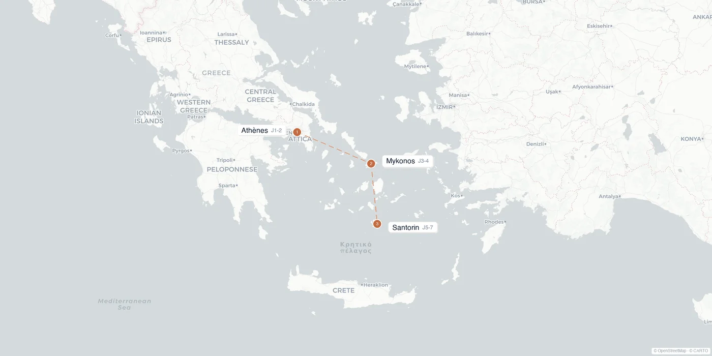 Carte de l'itinéraire 1 semaine en Grèce : Athènes, Mykonos, Santorin