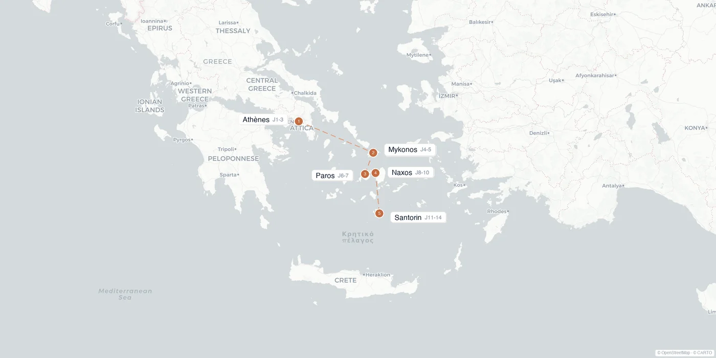 Carte de l'itinéraire 2 semaines en Grèce : Athènes, Mykonos, Paros, Naxos, Santorin