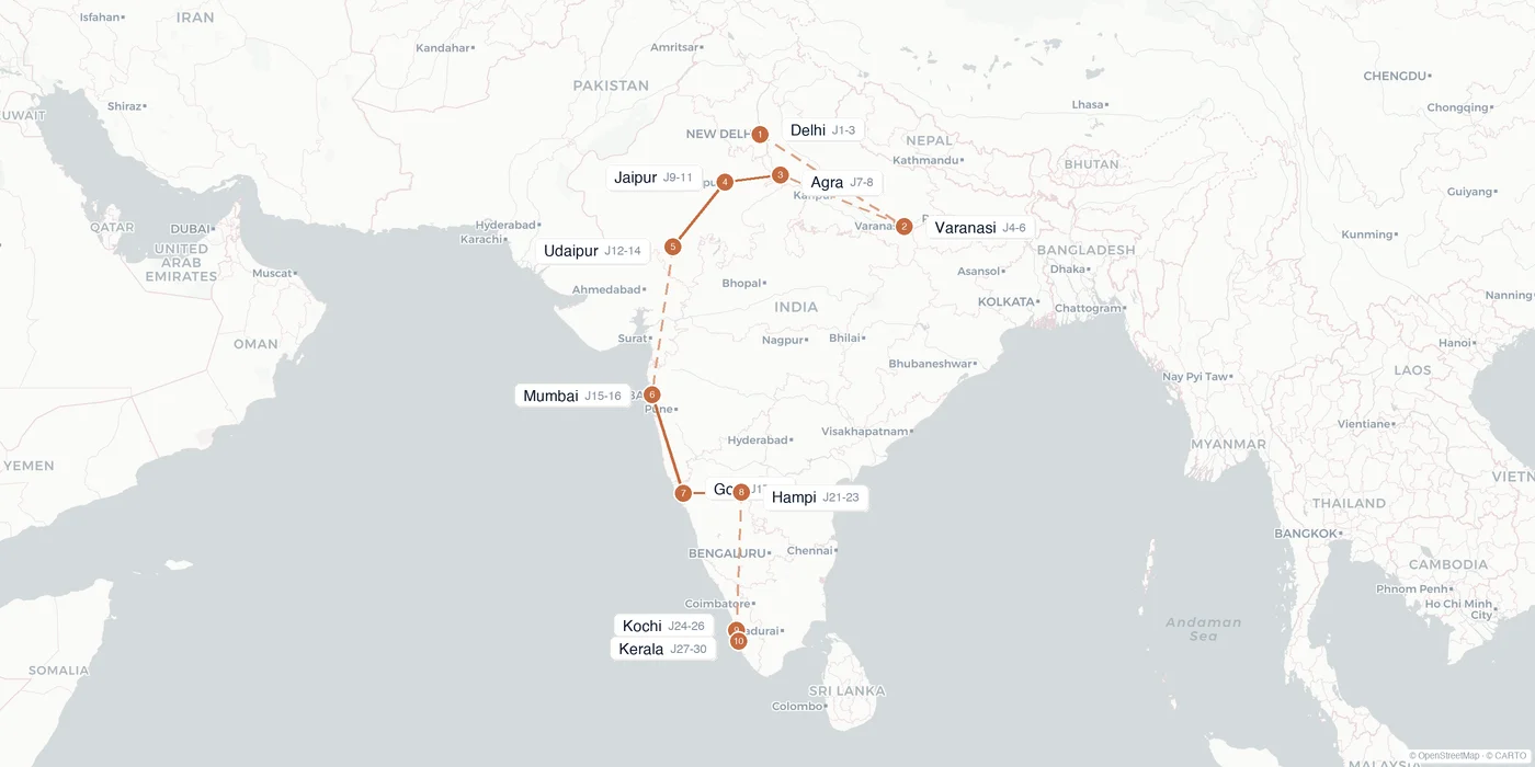 Carte de l'itinéraire 1 mois en Inde : Delhi, Varanasi, Agra, Jaipur, Udaipur, Mumbai, Goa, Hampi, Kochi, Kerala