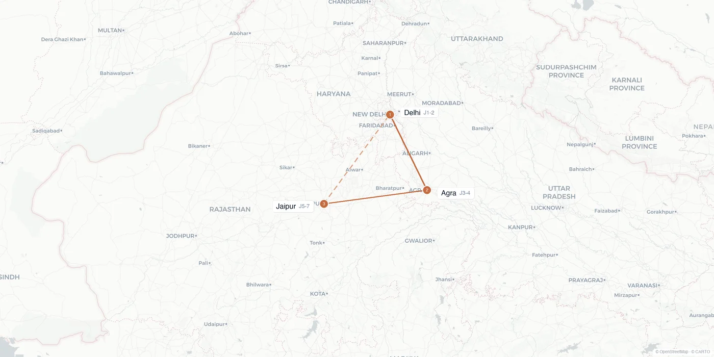 Carte de l'itinéraire 1 semaine en Inde : Delhi, Agra, Jaipur, le Triangle d'Or