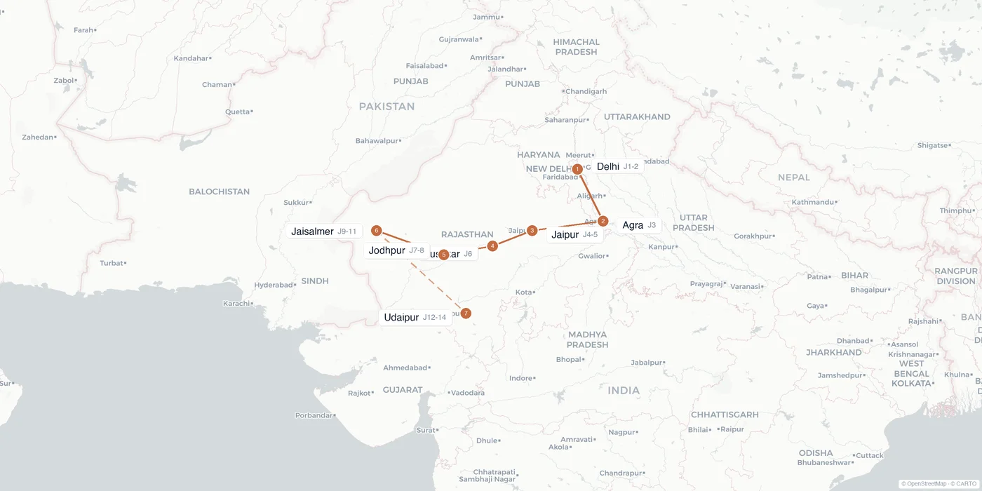 Carte de l'itinéraire 2 semaines en Inde : Delhi, Agra, Jaipur, Pushkar, Jodhpur, Jaisalmer, Udaipur