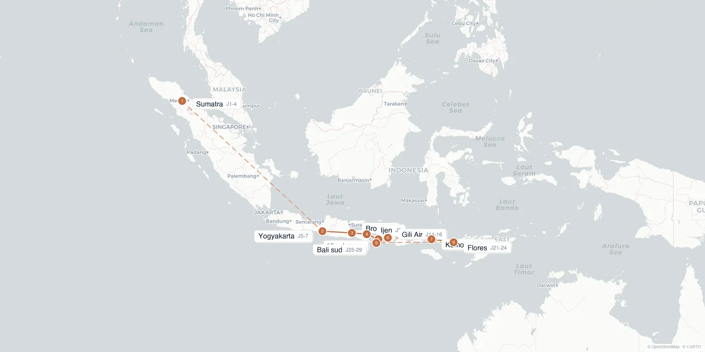 Carte de l'itinéraire 1 mois en Indonésie : Sumatra, Yogyakarta, Bromo, Ijen, Bali, Gili, Komodo, Flores
