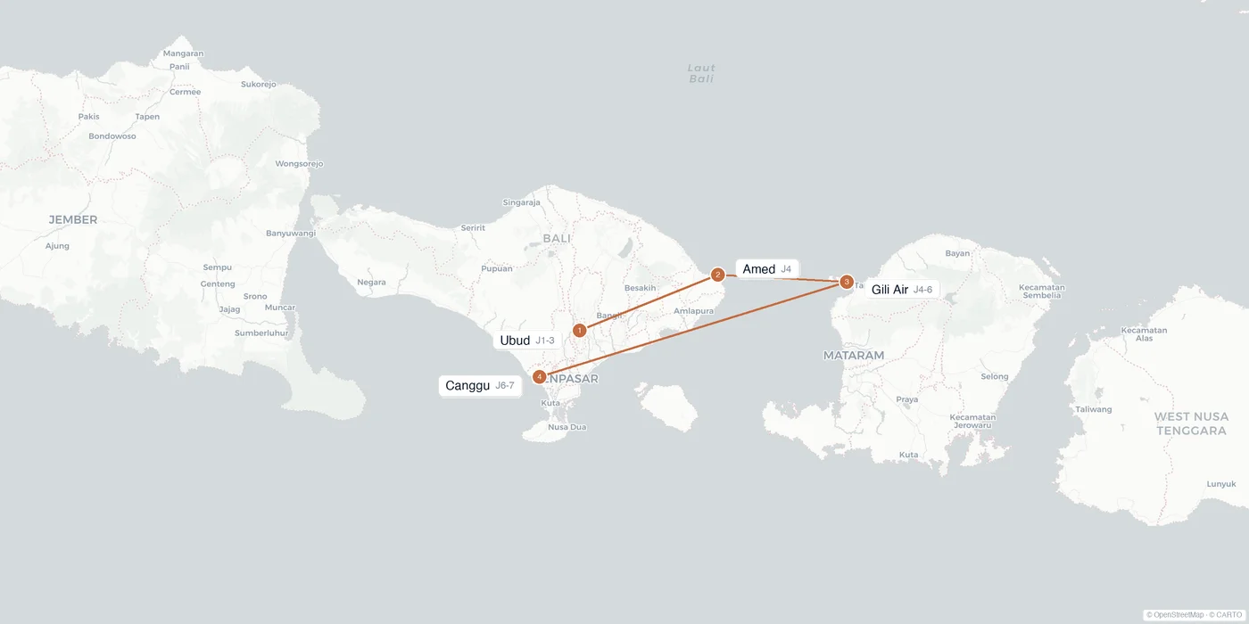 Carte de l'itinéraire 1 semaine en Indonésie : Ubud, Sidemen, Amed, Gili Air, Canggu