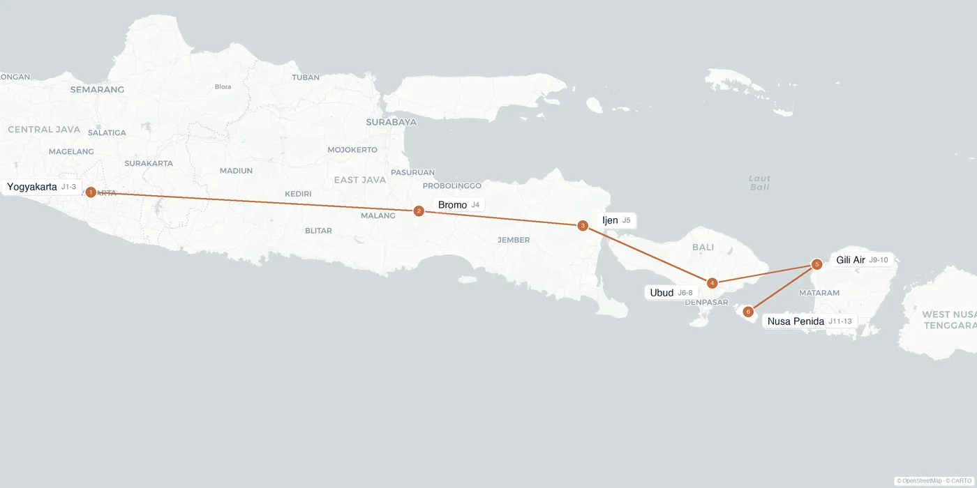 Carte de l'itinéraire 2 semaines en Indonésie : Yogyakarta, Bromo, Ijen, Ubud, Gili, Nusa Penida