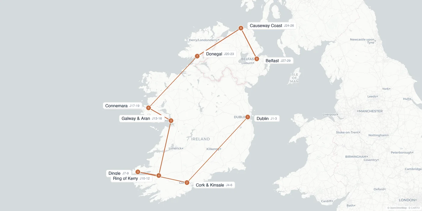 Carte de l'itinéraire 1 mois en Irlande : Dublin, Cork, Kerry, Galway, Connemara, Donegal, Causeway Coast, Belfast