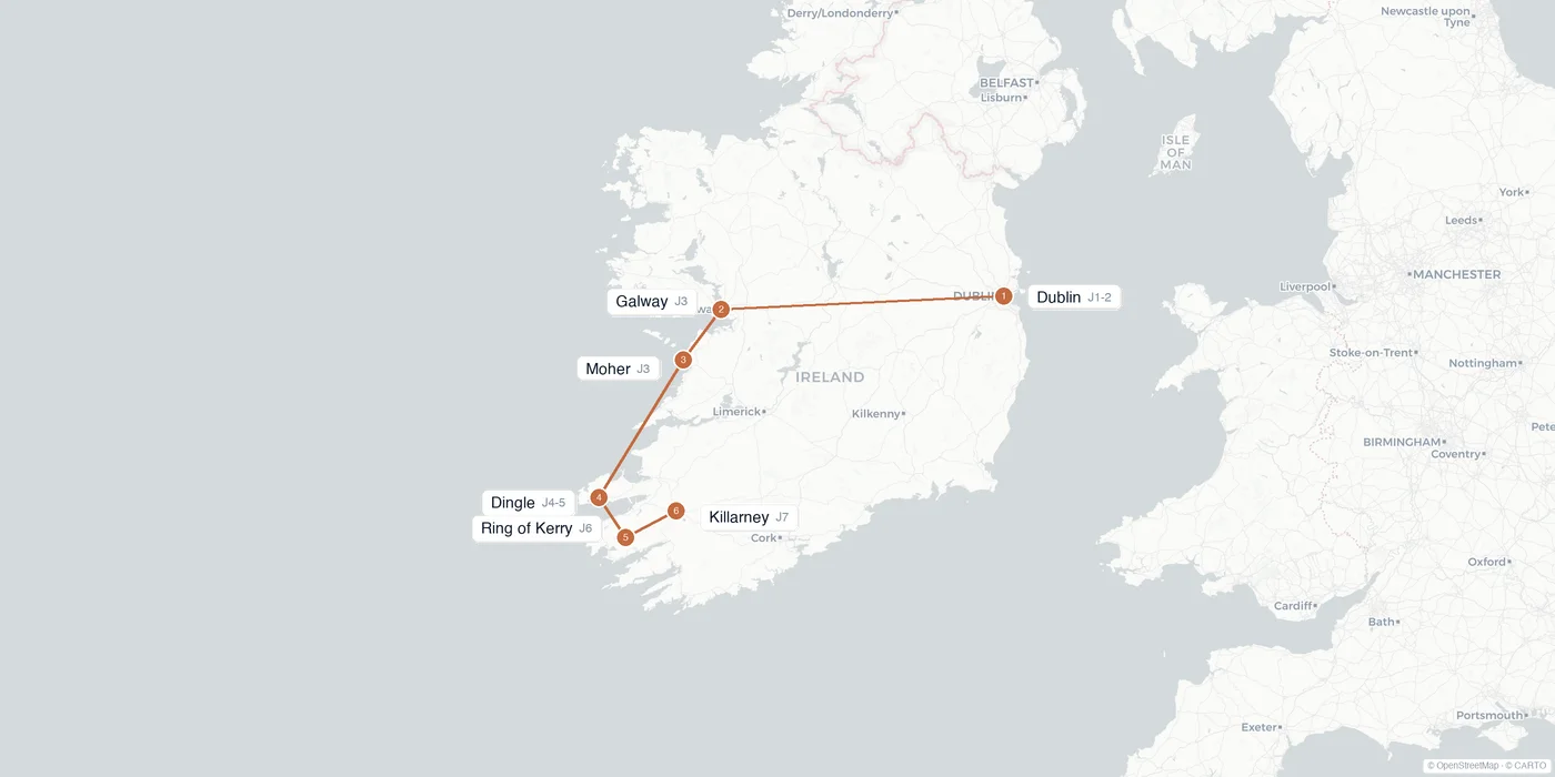 Carte de l'itinéraire 1 semaine en Irlande : Dublin, falaises de Moher, Galway, Dingle, Ring of Kerry, Killarney