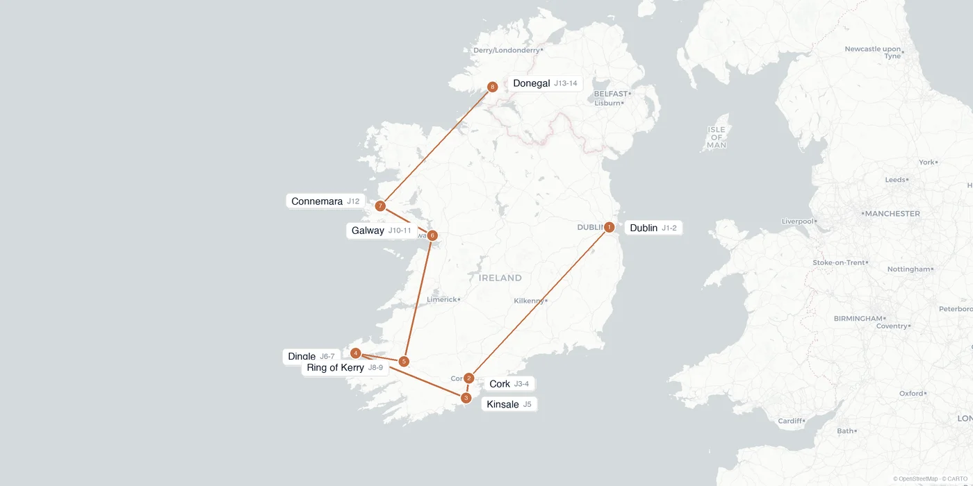 Carte de l'itinéraire 2 semaines en Irlande : Dublin, Cork, Kinsale, Dingle, Ring of Kerry, Galway, Connemara, Donegal