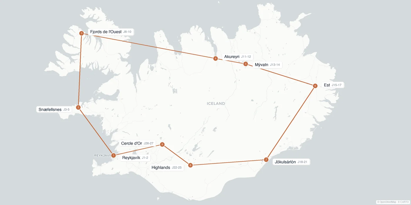 Carte de l'itinéraire 1 mois en Islande : Reykjavík, Snæfellsnes, fjords de l'Ouest, Akureyri, Mývatn, fjords de l'Est, Jökulsárlón, Highlands, Cercle d'Or