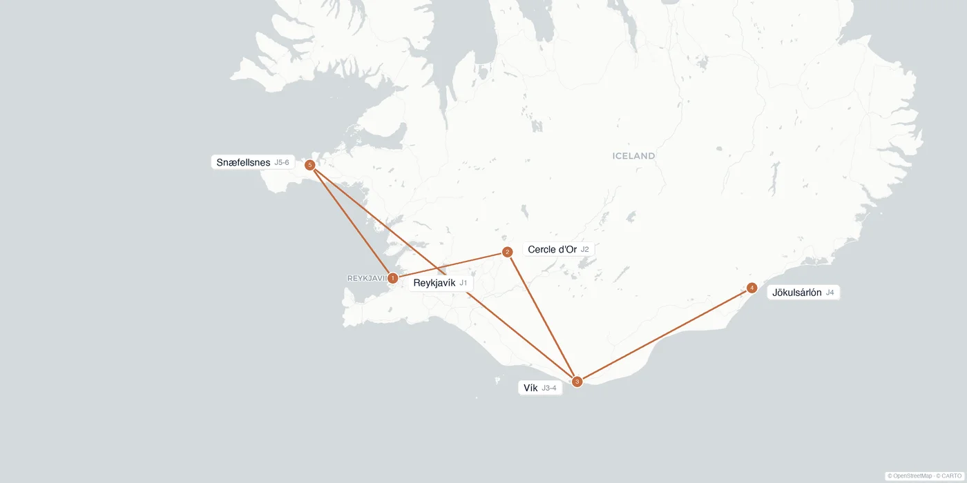 Carte de l'itinéraire 1 semaine en Islande : Reykjavík, Cercle d'Or, Vík, Jökulsárlón, Snæfellsnes