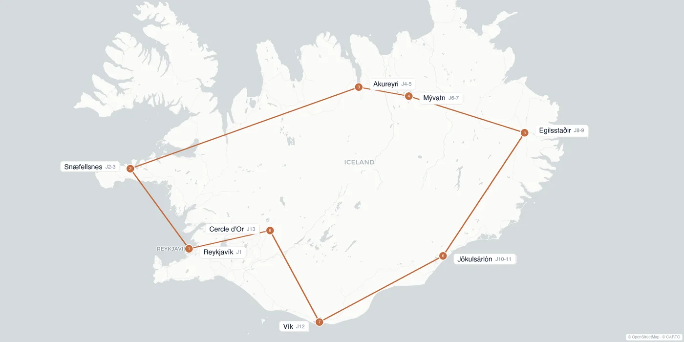 Carte de l'itinéraire 2 semaines en Islande : Reykjavík, Snæfellsnes, Akureyri, Mývatn, Egilsstaðir, Jökulsárlón, Vík, Cercle d'Or