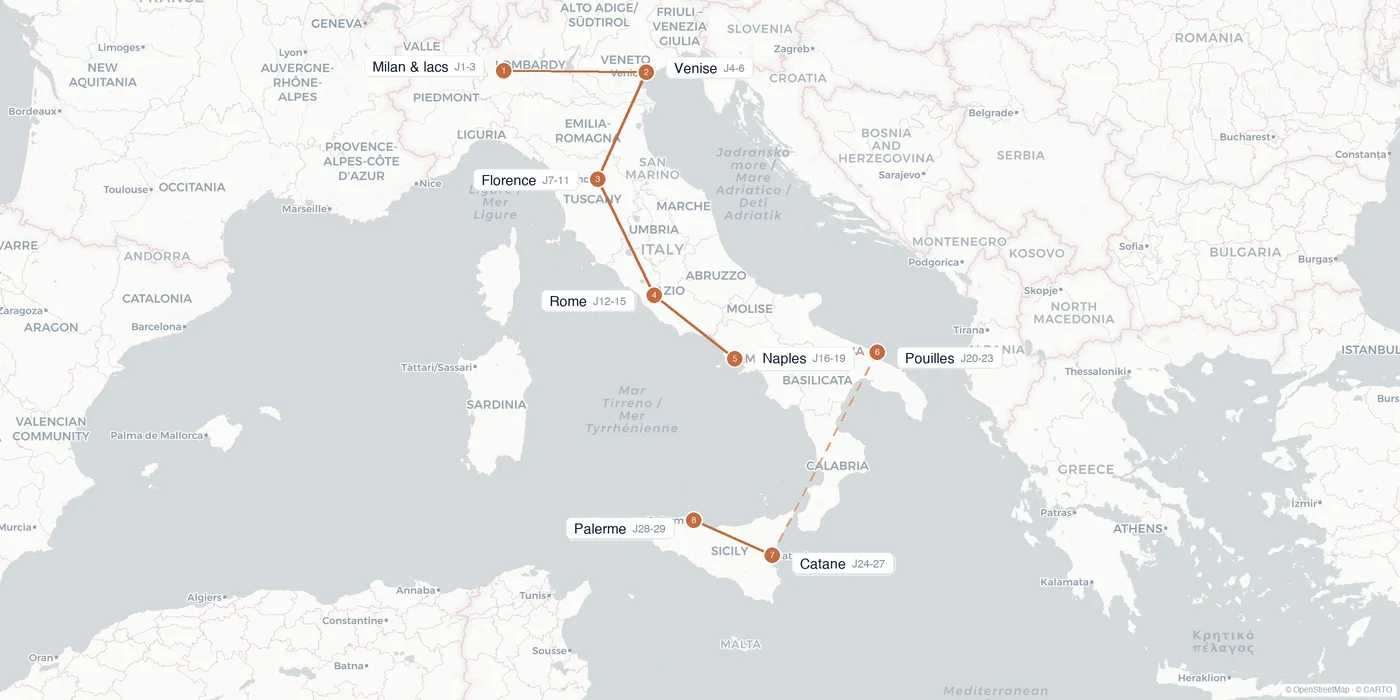 Carte de l'itinéraire 1 mois en Italie : Milan, lacs, Venise, Florence, Toscane, Rome, Naples, Amalfi, Pouilles, Sicile