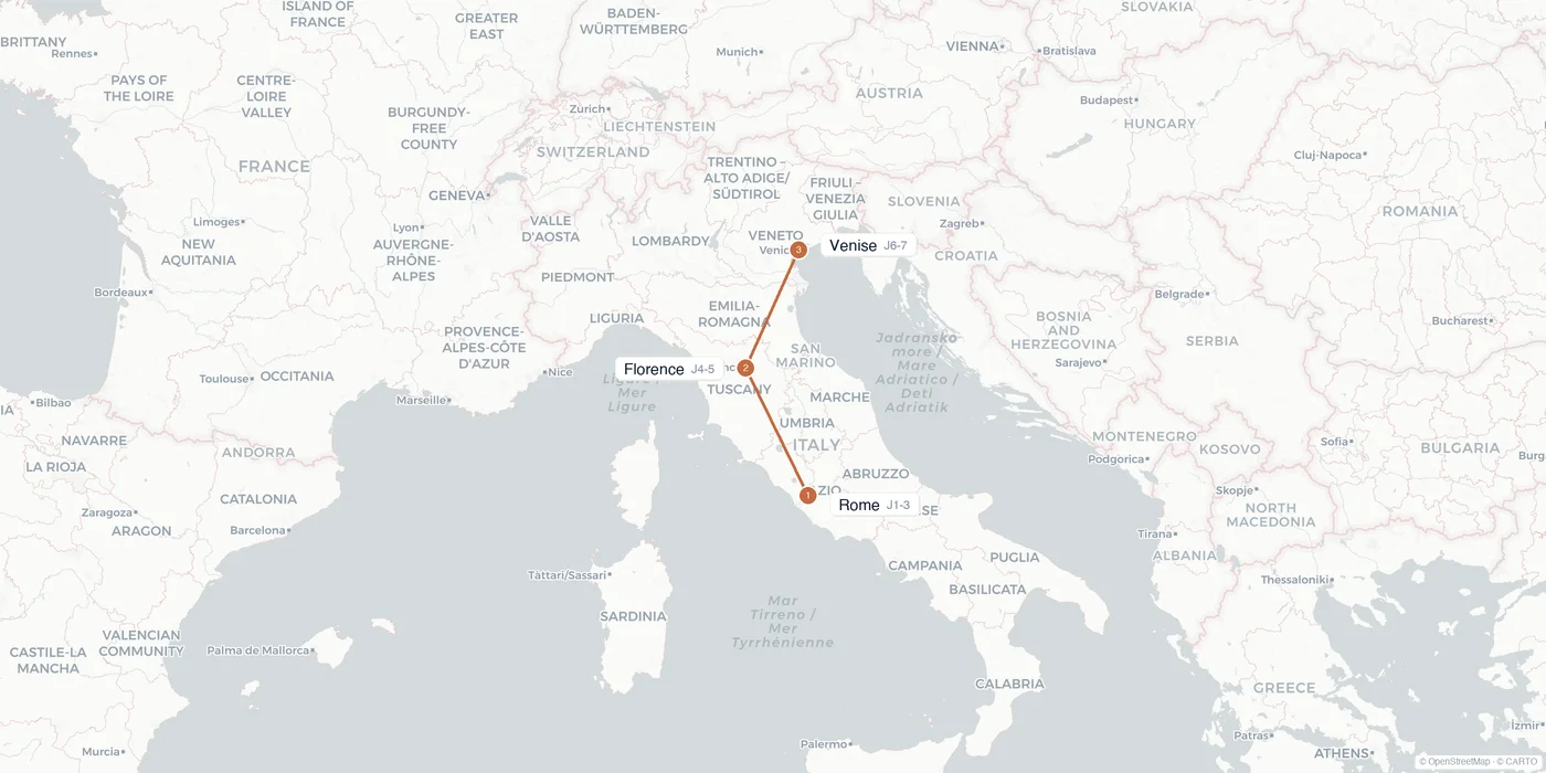 Carte de l'itinéraire 1 semaine en Italie : Rome, Florence, Venise