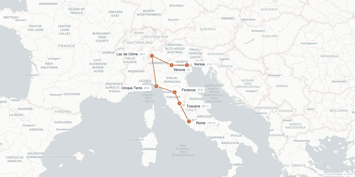 Carte de l'itinéraire 2 semaines en Italie : Venise, Vérone, lac de Côme, Cinque Terre, Florence, Sienne, Rome