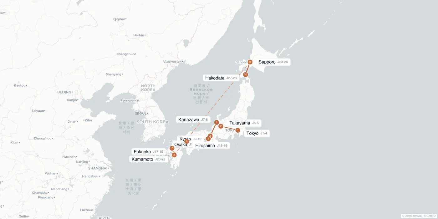 Carte de l'itinéraire 1 mois au Japon : Tokyo, Takayama, Kyoto, Hiroshima, Fukuoka, Kumamoto, Sapporo