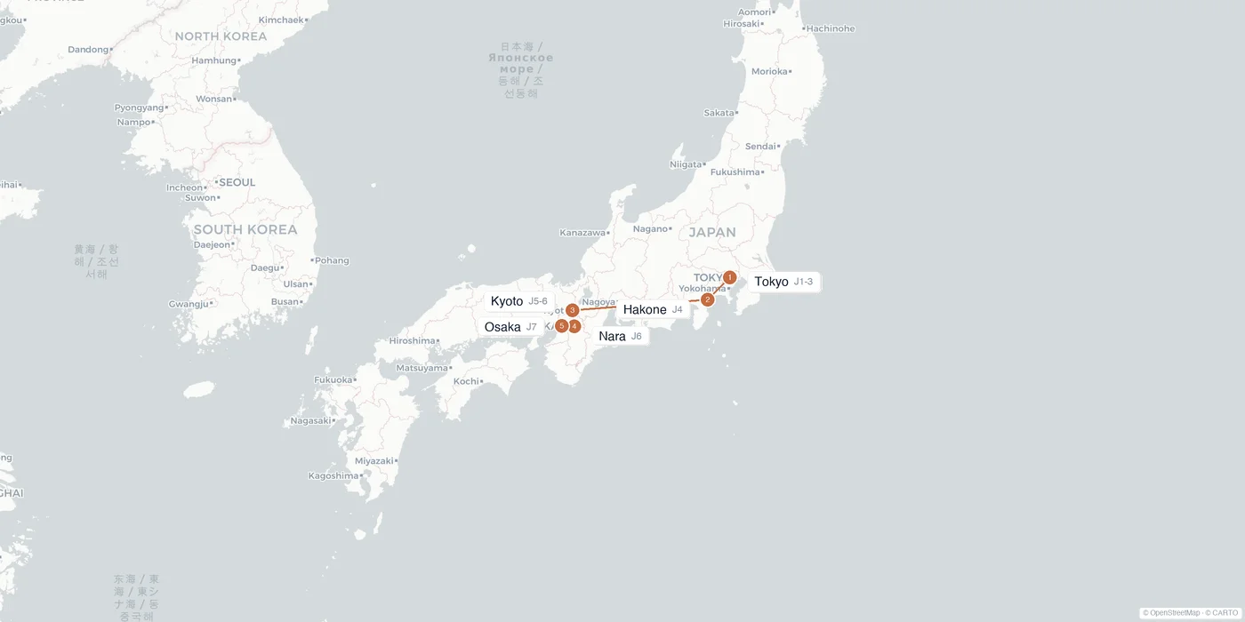 Carte de l'itinéraire 1 semaine au Japon : Tokyo, Hakone, Kyoto, Nara, Osaka