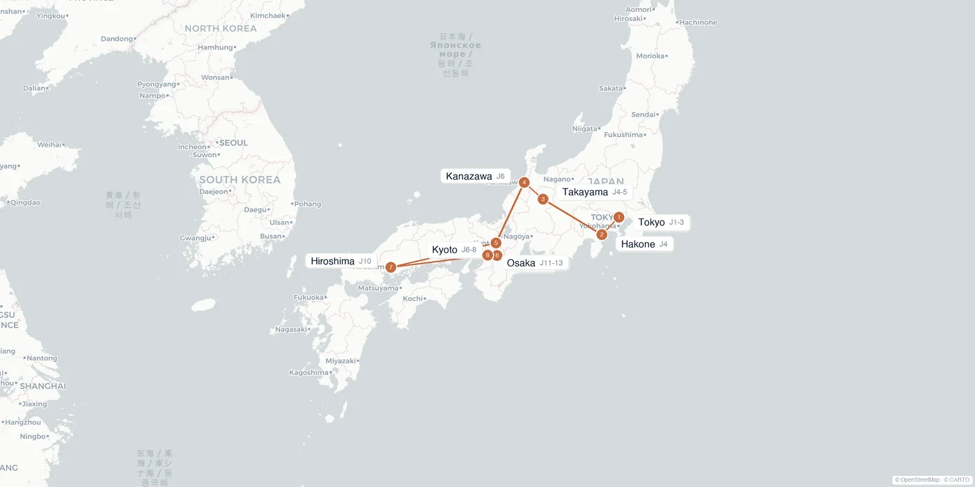 Carte de l'itinéraire 2 semaines au Japon : Tokyo, Hakone, Takayama, Kanazawa, Kyoto, Nara, Hiroshima, Osaka
