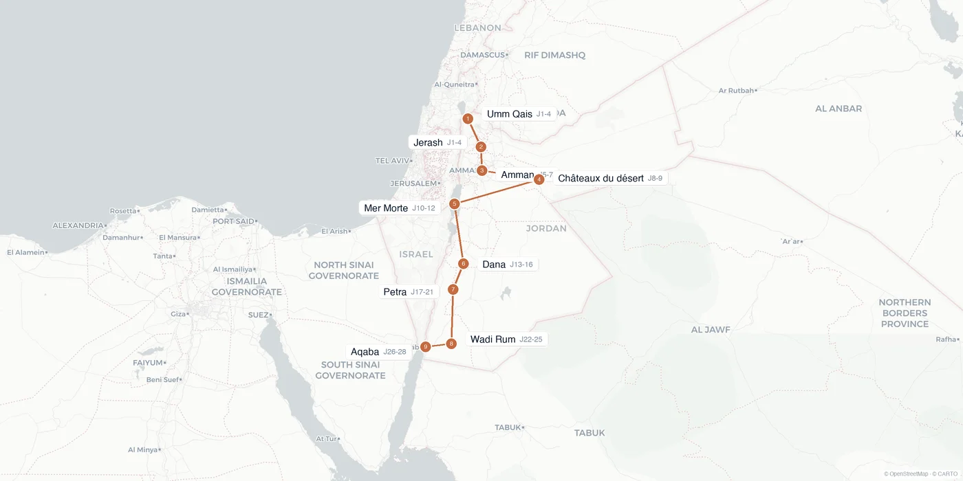 Carte de l'itinéraire 1 mois en Jordanie : Umm Qais, Jerash, Amman, châteaux du désert, mer Morte, Dana, Petra, Wadi Rum, Aqaba