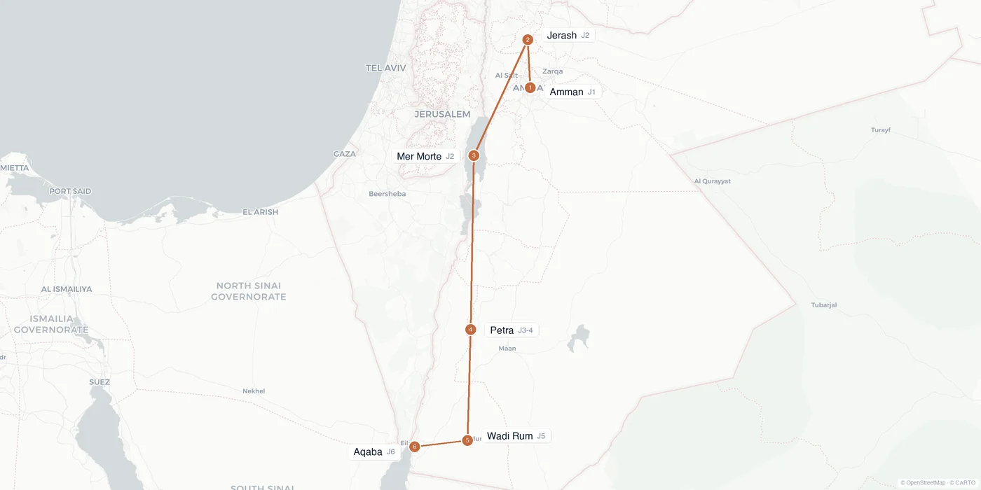 Carte de l'itinéraire 1 semaine en Jordanie : Amman, Jerash, mer Morte, Petra, Wadi Rum, Aqaba