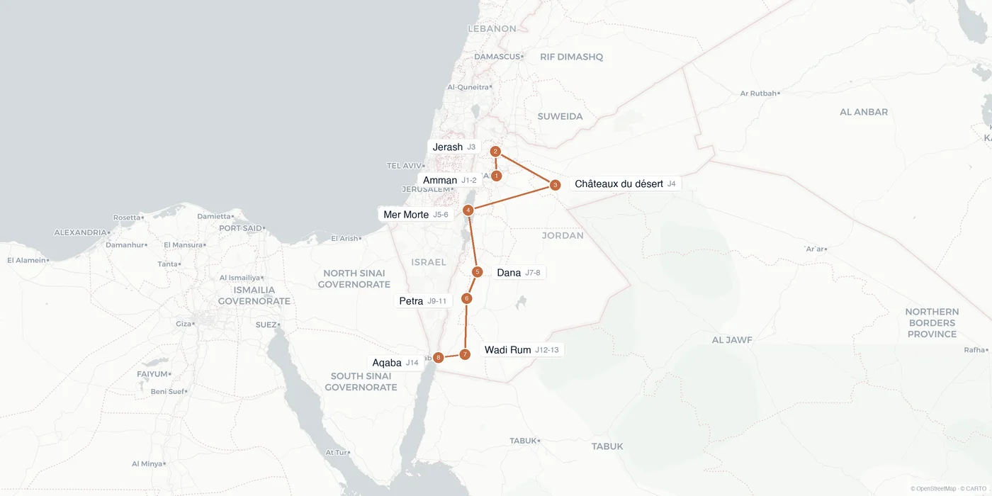 Carte de l'itinéraire 2 semaines en Jordanie : Amman, Jerash, châteaux du désert, mer Morte, Dana, Petra, Wadi Rum, Aqaba