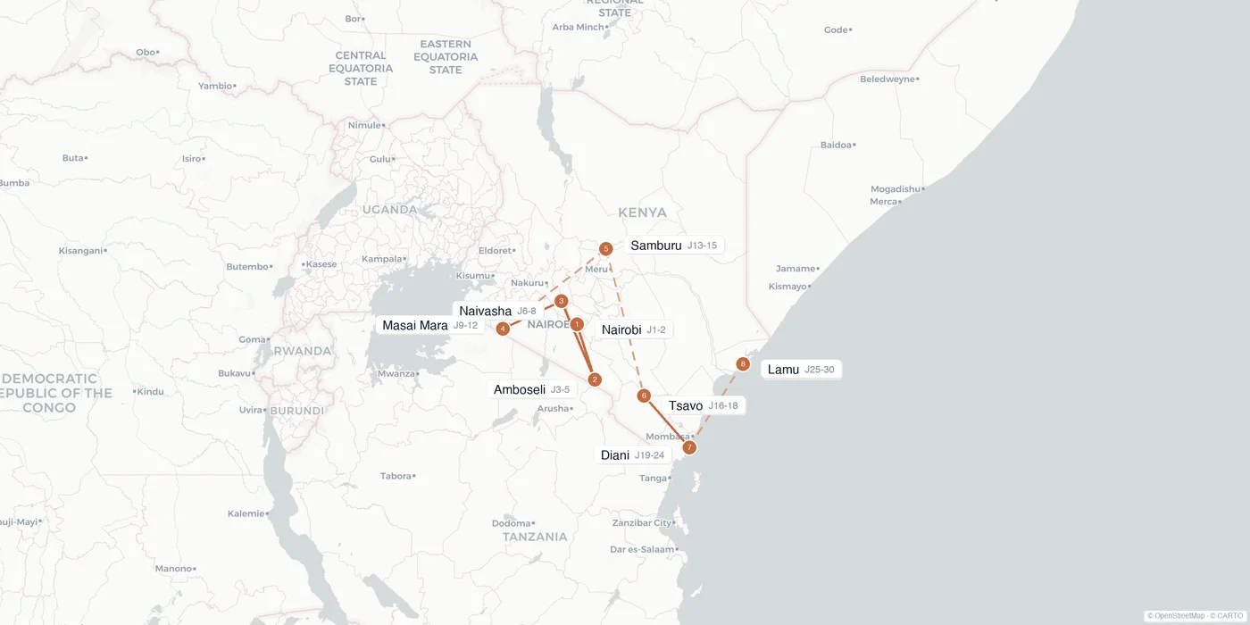 Carte de l'itinéraire 1 mois au Kenya : Nairobi, Amboseli, Nakuru, Masai Mara, Samburu, Tsavo, Diani, Lamu