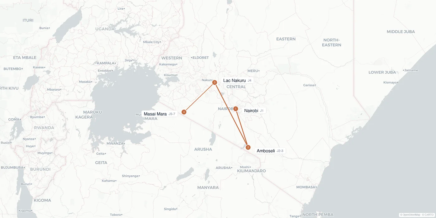 Carte de l'itinéraire 1 semaine au Kenya : Nairobi, Amboseli, lac Nakuru, Masai Mara