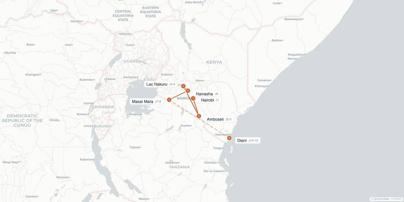 Carte de l'itinéraire 2 semaines au Kenya : Nairobi, Amboseli, lac Nakuru, lac Naivasha, Masai Mara, Diani Beach