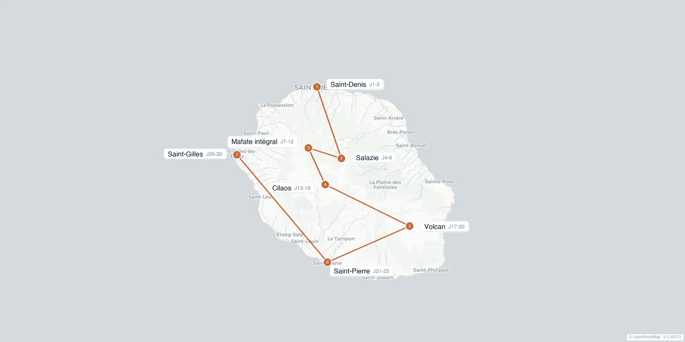 Carte de l'itinéraire 1 mois à la Réunion : Saint-Denis, Salazie, Mafate intégral, Cilaos, volcan de la Fournaise, Sud Sauvage, Ouest