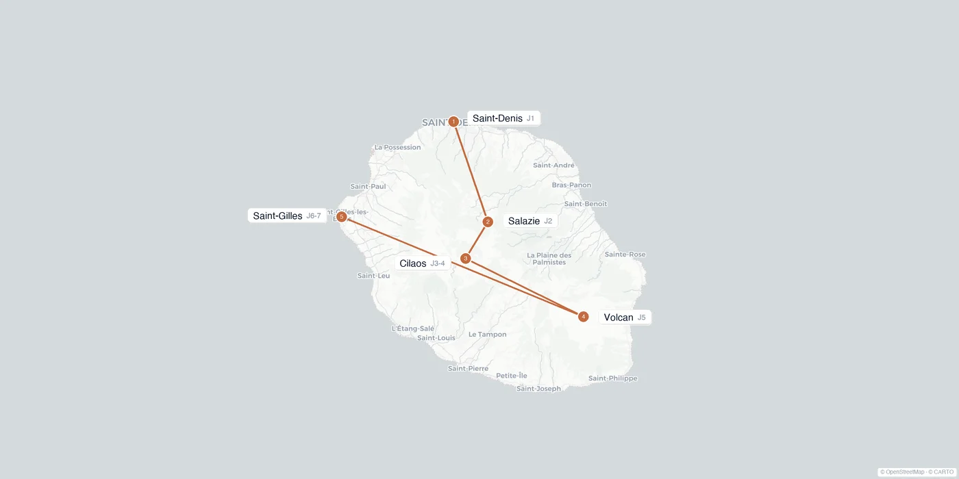 Carte de l'itinéraire 1 semaine à la Réunion : Saint-Denis, Salazie, Cilaos, volcan de la Fournaise, Saint-Gilles