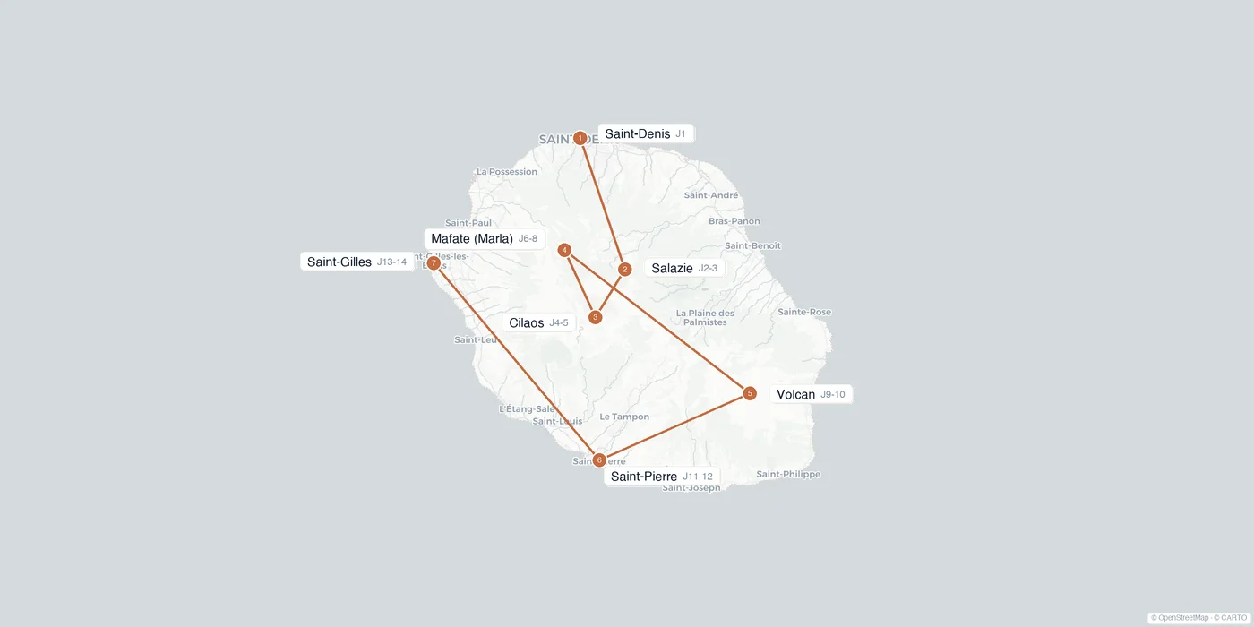 Carte de l'itinéraire 2 semaines à la Réunion : Saint-Denis, Salazie, Cilaos, Mafate, volcan de la Fournaise, Saint-Pierre, Saint-Gilles