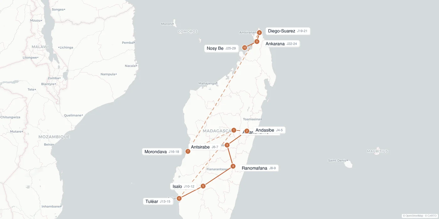 Carte de l'itinéraire 1 mois à Madagascar : Antananarivo, Andasibe, Antsirabe, Ranomafana, Isalo, Tuléar, Morondava, Diego-Suarez, Ankarana, Nosy Be