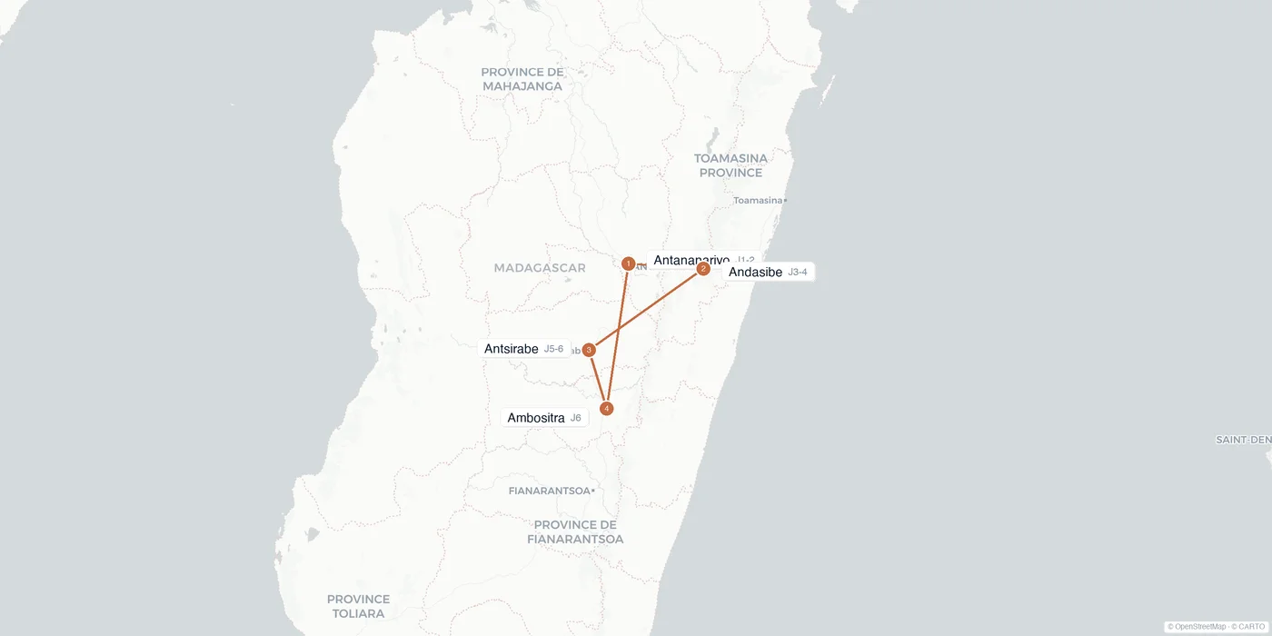 Carte de l'itinéraire 1 semaine à Madagascar : Antananarivo, Andasibe, Antsirabe, Ambositra