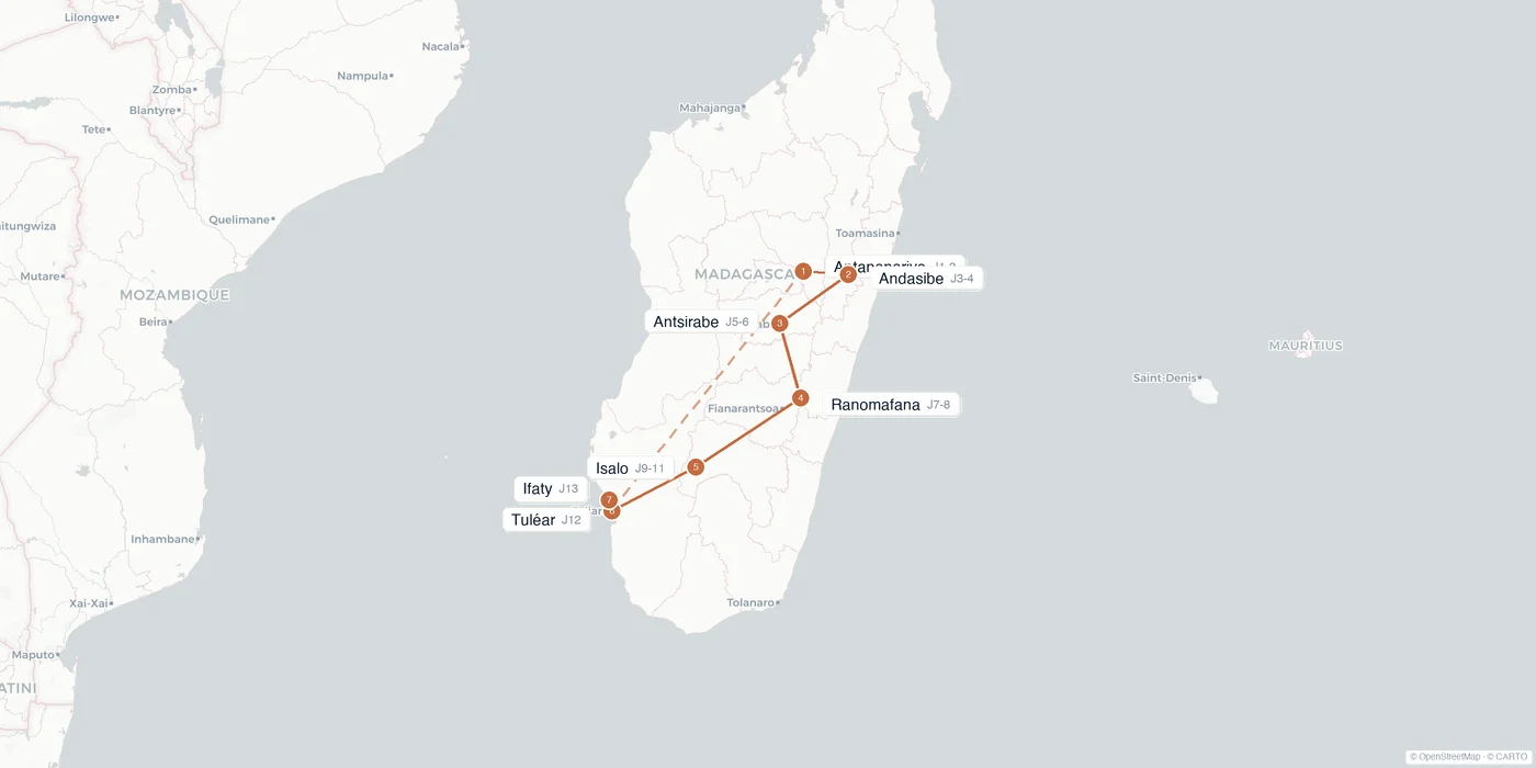 Carte de l'itinéraire 2 semaines à Madagascar : Antananarivo, Andasibe, Antsirabe, Ranomafana, Isalo, Tuléar, Ifaty