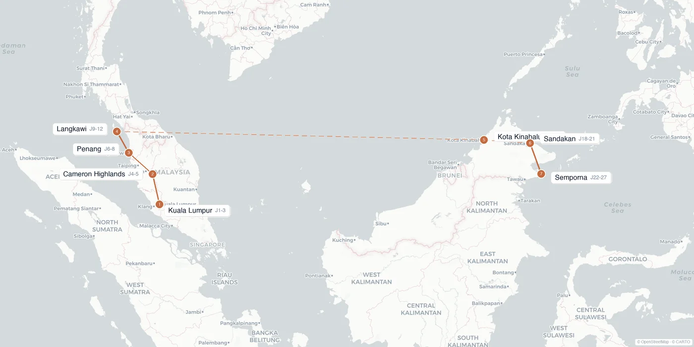Carte de l'itinéraire 1 mois en Malaisie : Kuala Lumpur, Cameron Highlands, Penang, Langkawi, Kota Kinabalu, Sandakan, Semporna