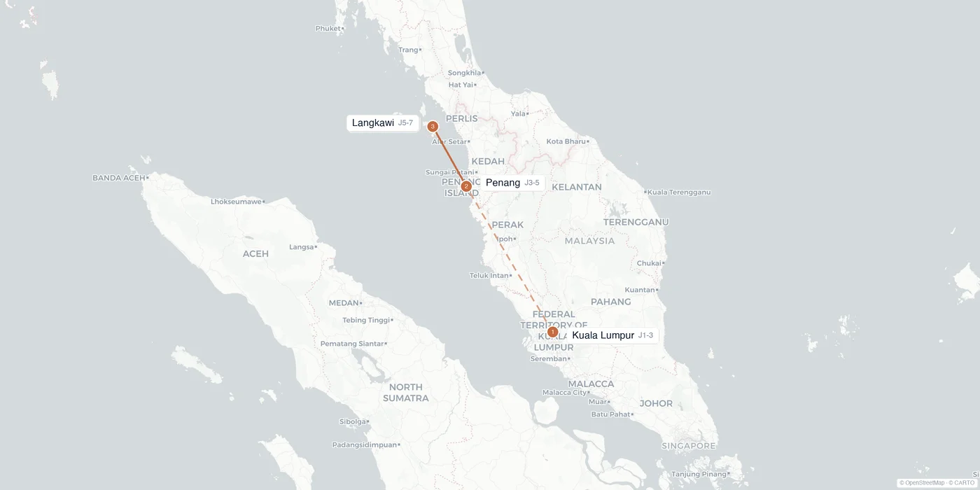Carte de l'itinéraire 1 semaine en Malaisie : Kuala Lumpur, Penang, Langkawi