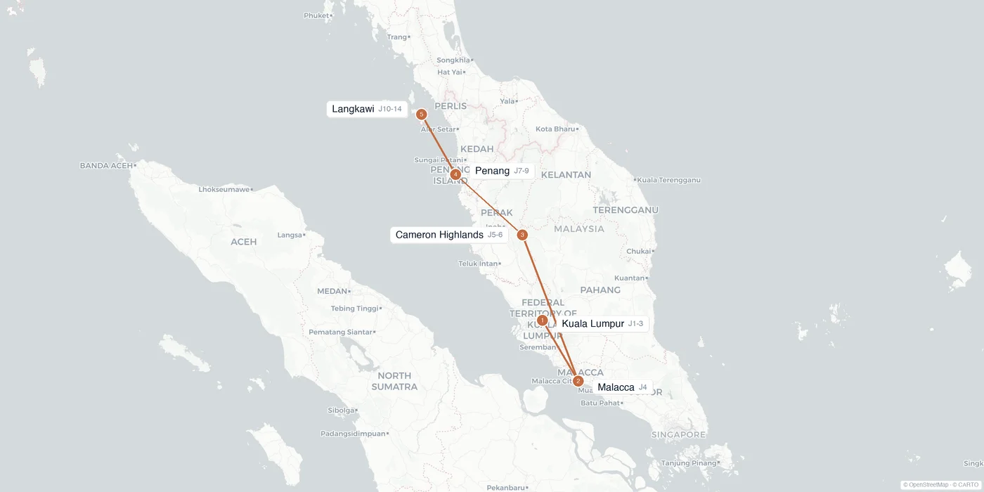 Carte de l'itinéraire 2 semaines en Malaisie : Kuala Lumpur, Malacca, Cameron Highlands, Penang, Langkawi