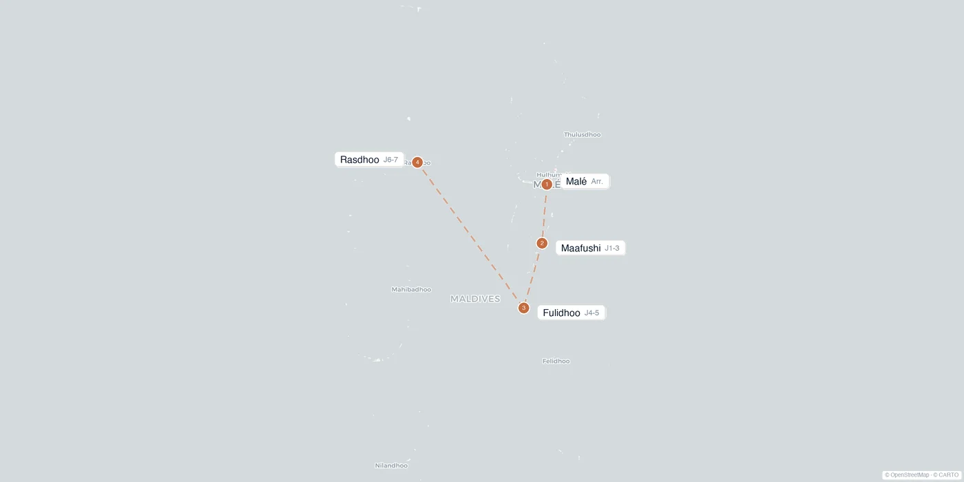 Carte de l'itinéraire 1 semaine aux Maldives : Malé, Maafushi, Fulidhoo, Rasdhoo