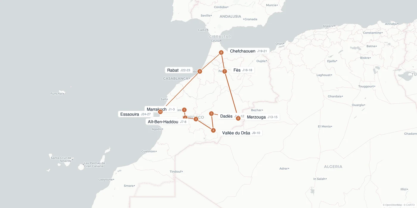Carte de l'itinéraire 1 mois au Maroc : Marrakech, Toubkal, Aït-Ben-Haddou, vallée du Drâa, Merzouga, Fès, Chefchaouen, Essaouira