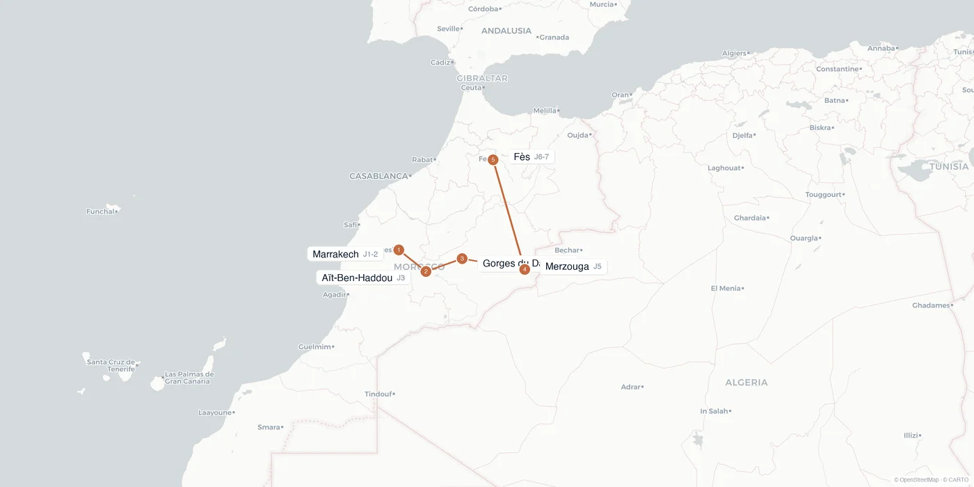 Carte de l'itinéraire 1 semaine au Maroc : Marrakech, Aït-Ben-Haddou, gorges du Dadès, Merzouga, Fès