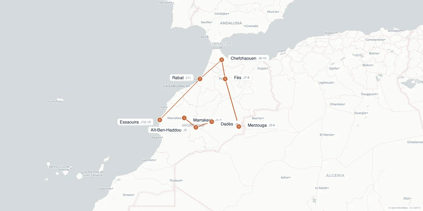 Carte de l'itinéraire 2 semaines au Maroc : Marrakech, Aït-Ben-Haddou, Merzouga, Fès, Chefchaouen, Essaouira