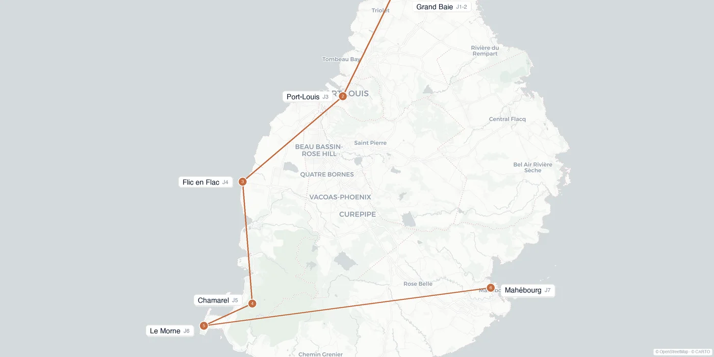 Carte de l'itinéraire 1 semaine à l'île Maurice : Grand Baie, Port-Louis, Flic en Flac, Chamarel, Le Morne, Mahébourg