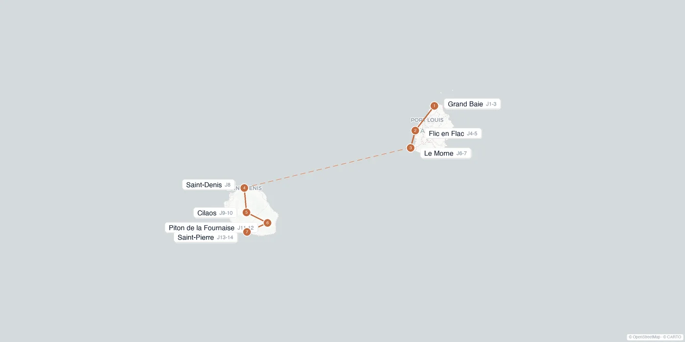 Carte de l'itinéraire 2 semaines à l'île Maurice et La Réunion : Grand Baie, Port-Louis, Le Morne, Saint-Denis, Cilaos, Piton de la Fournaise