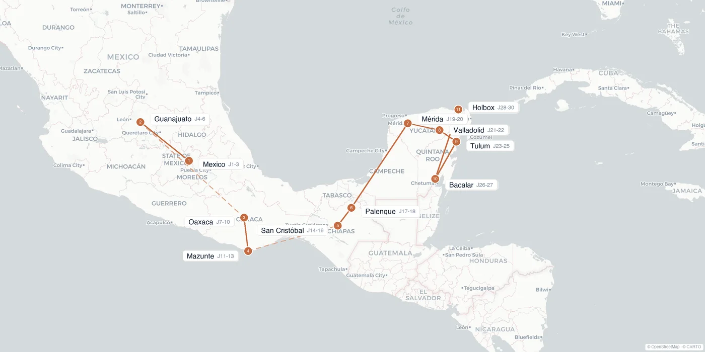 Carte de l'itinéraire 1 mois au Mexique : Mexico, Guanajuato, Oaxaca, Mazunte, San Cristóbal, Palenque, Mérida, Valladolid, Tulum, Bacalar, Holbox