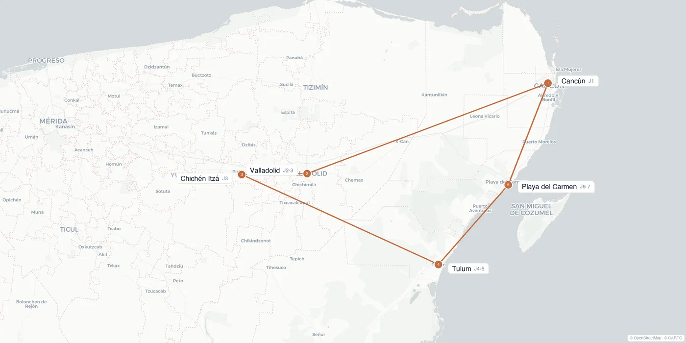 Carte de l'itinéraire 1 semaine au Mexique : Cancún, Valladolid, Chichén Itzá, Tulum, Playa del Carmen