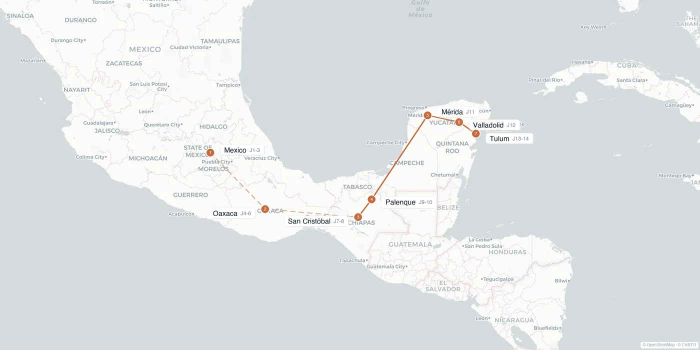 Carte de l'itinéraire 2 semaines au Mexique : Mexico, Oaxaca, San Cristóbal, Palenque, Mérida, Valladolid, Tulum