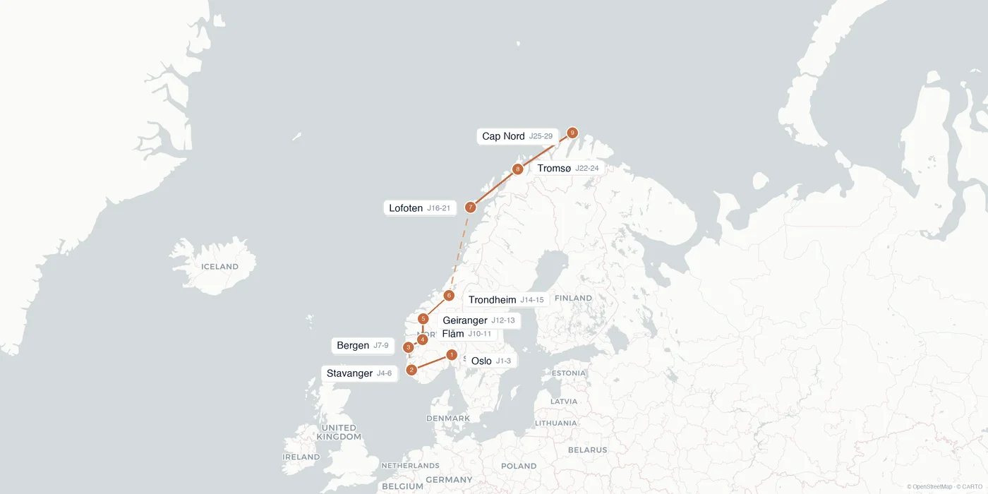 Carte de l'itinéraire 1 mois en Norvège : Oslo, Stavanger, Bergen, Flåm, Geiranger, Trondheim, Lofoten, Tromsø, Cap Nord